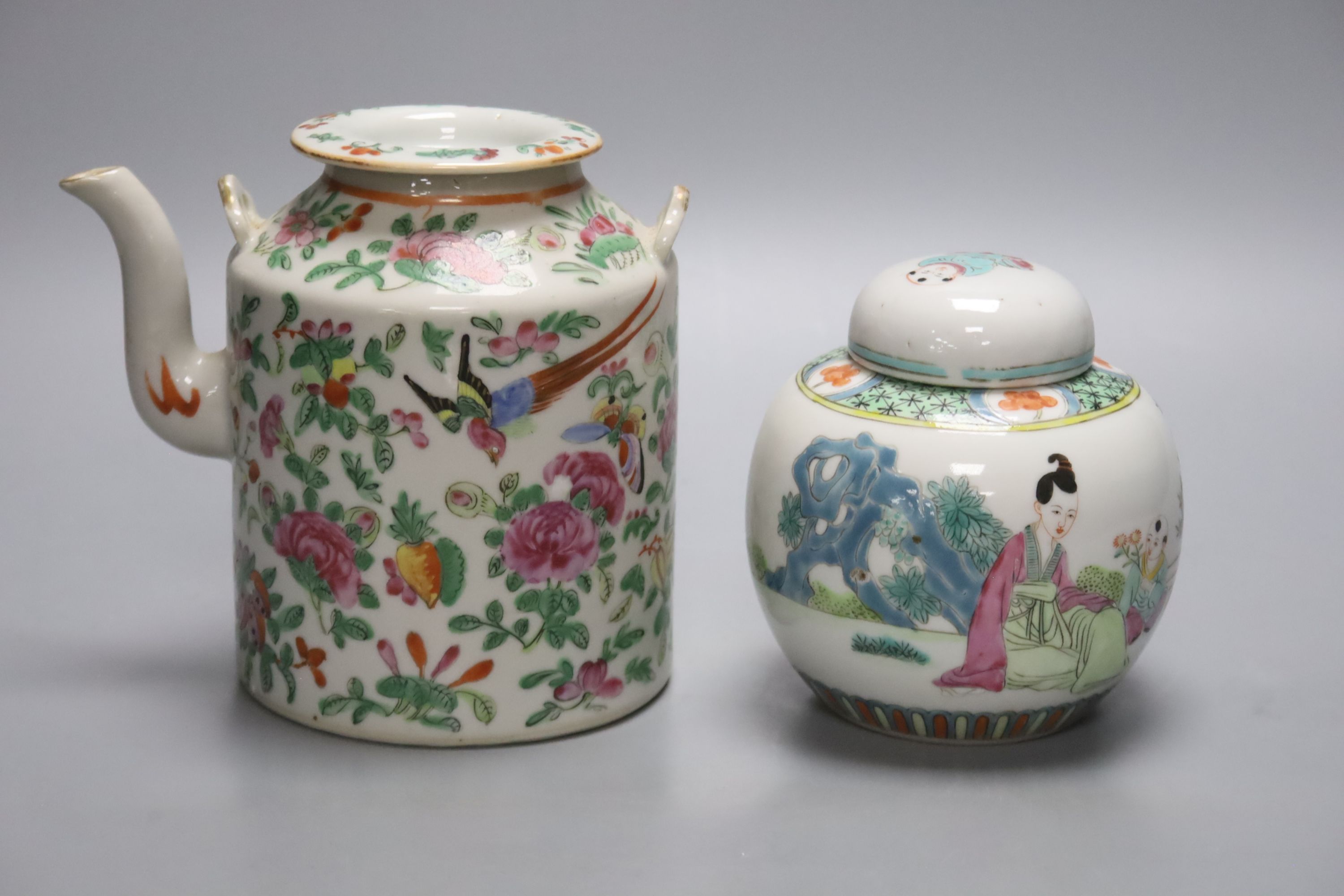 A Chinese famille rose tea pot and a similar jar and cover, tallest 14cm